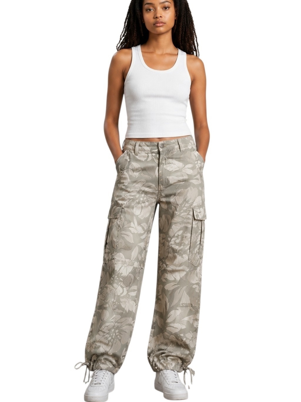 Women's Wide-Leg Cargo Pants in Light Olive Floral